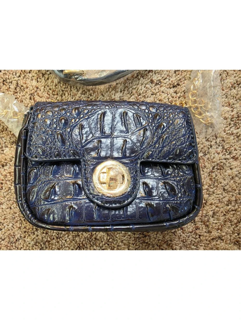 Elegant Navy Blue Croc-Embossed Faux Leather Crossbody Bag with Gold Chain